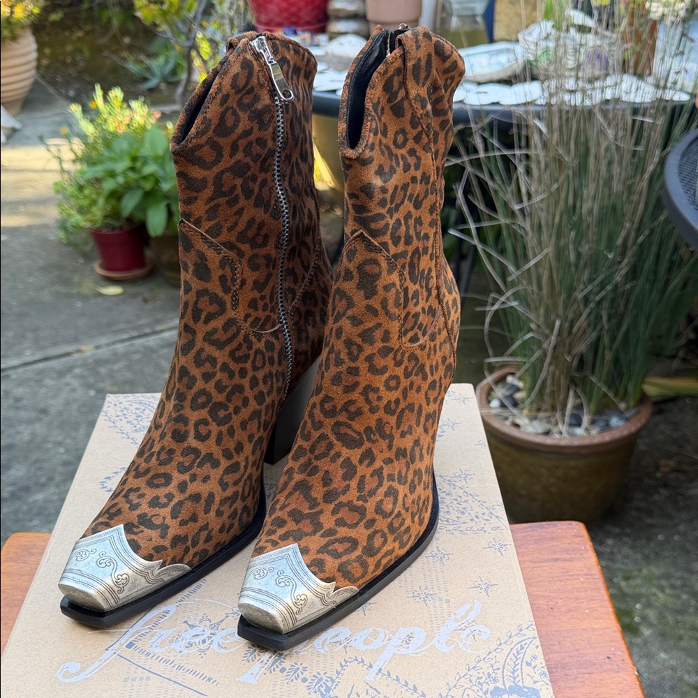 Free People Brayden Leopard Heeled Boots with Silver Accents